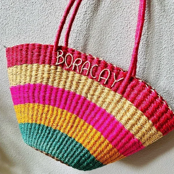 Bright Colorful Striped BORACAY Straw Zip Closure Boho Medium Tote Shoulder Bag - Picture 5 of 13
